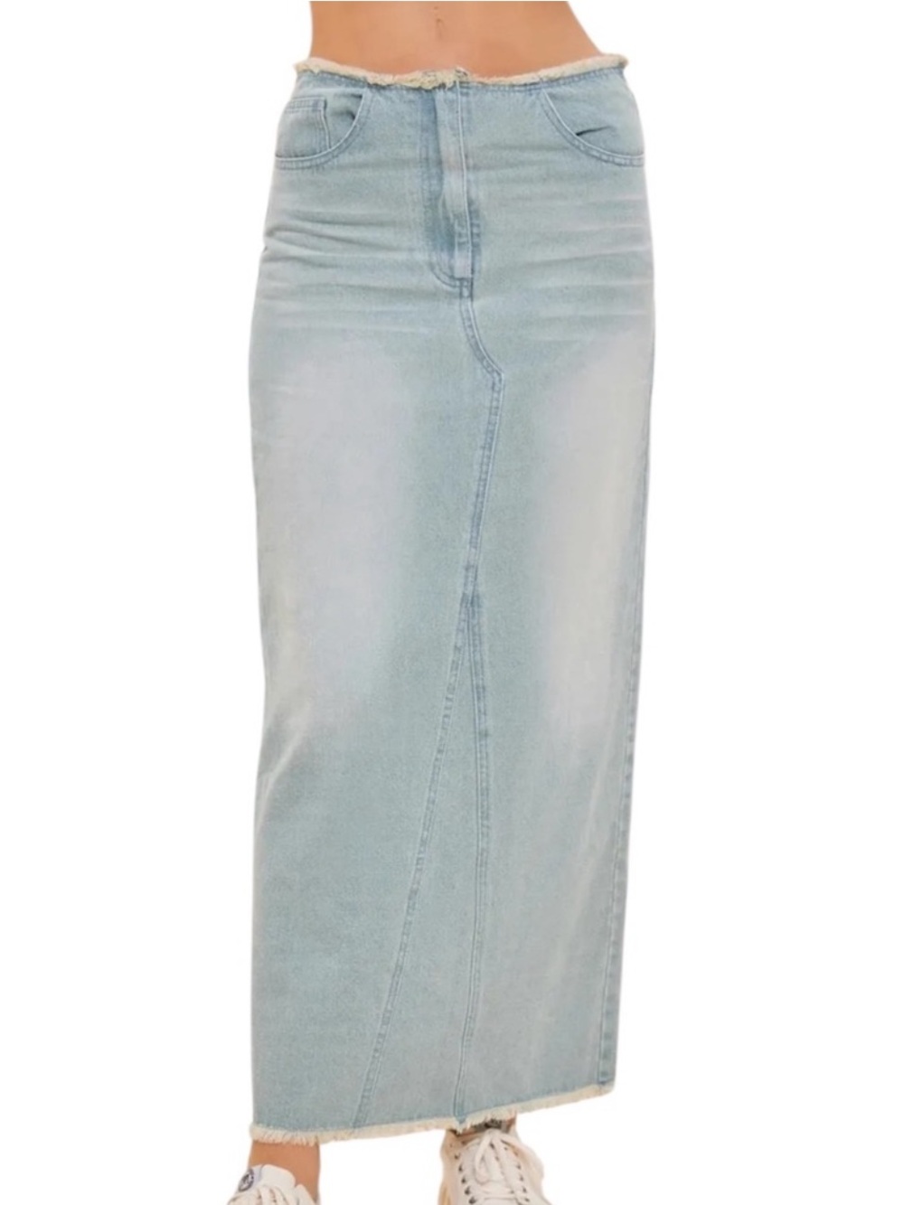 Mustard Seed Light Wash Raw Hem Denim Maxi Skirt
